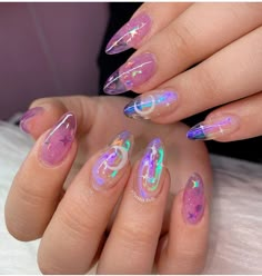 Pink Blue Nail Art, Chrome Jelly Nails, Prism Nails, Confetti Nails, Hippie Nails, Hot Nails, Holographic Nails