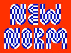 the letters are made up of blue and white checkered squares on an orange background