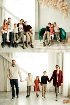 two pictures of people holding hands and sitting on a couch with their children in front of them