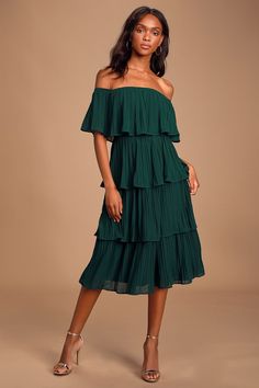 Chic Green Dress - Midi Dress - OTS Dress - Green Ruffle Dress Green Ruffle Dress, Ruffle Midi Dress, Midi Ruffle Dress, Gala Dresses, Green Midi Dress, Online Dress Shopping, Dresses For Teens, Comfortable Dress, Buy Dress