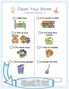 a printable check it out for children to learn how to clean their room