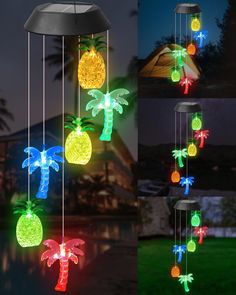 several different types of lights that are hanging in the air with palm trees and pineapples on them