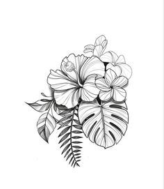 a black and white drawing of flowers with leaves