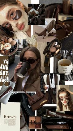 a collage of photos with coffee and makeup