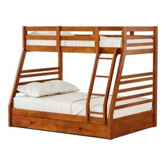 a wooden bunk bed with white sheets and pillows on it's bottom shelf, against a white background