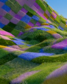 an abstract painting of grass and flowers on a hill with blue sky in the background