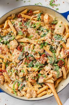 a skillet filled with pasta, chicken and vegetables