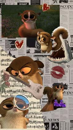 an image of squirrels with glasses and music notes in the background, including sheet music