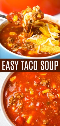 easy taco soup in a white bowl with a ladle scooping out the soup