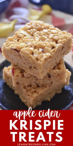 apple cider krispie treats stacked on top of each other with text overlay