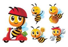 the bees are wearing helmets and riding scooters