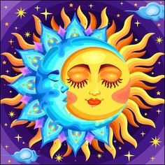 the sun with eyes closed and stars around it