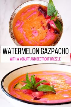 watermelon gazpacho with yogurt and beetroot drizzle