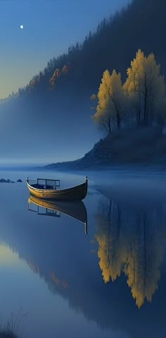 a boat floating on top of a lake next to a forest covered mountain under a full moon