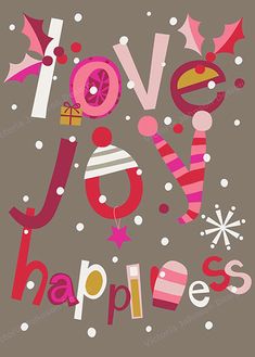 the words love, joy and happiness written in different colors on a gray background with snowflakes