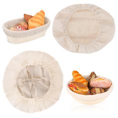 three different types of food in bowls on a white background, including bread and pastries