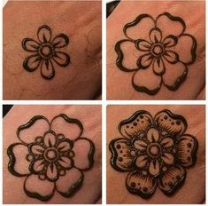 four pictures of different designs on someone's arm and wrist, each with flowers