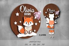 an image of a cut out of a fox and rocket with the name olvia brown on it