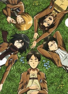 some anime characters laying in the grass