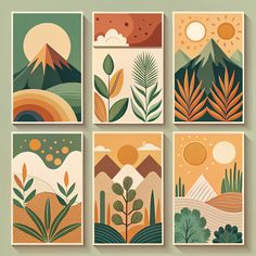 four different posters with plants and mountains in them