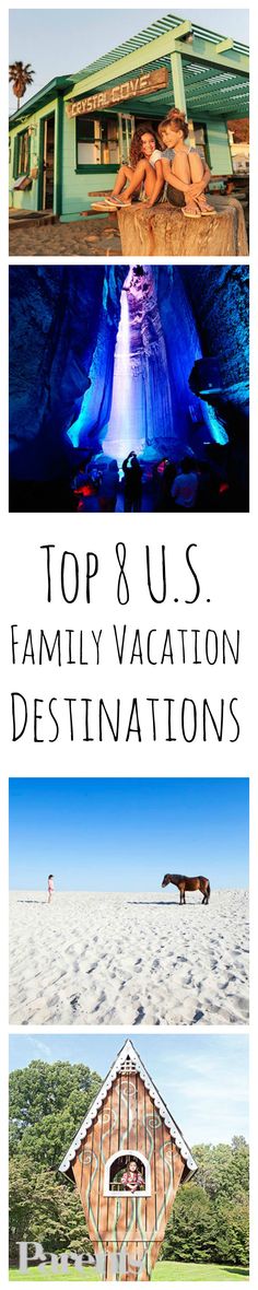 top and us family vacation destinations in the united states with images of houses, buildings, and people