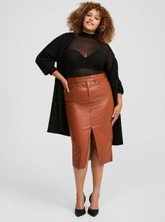 FIT Model is 5'10. 5” wearing size 1. A-line midi sihouette. Measures 48” from waist to hem. . MATERIALS + CARE Faux leather fabric. . 100% polyester. Machine wash cold. . Imported. . DETAILS Front slit. . Functional pockets. . The best plus size women's midi faux leather front slit skirt dresses in sequoia made of pleather. This sexy dress will show off your confidence for going out to a cocktail party, date night, girls' night out, bachelorette party, hen party, birthday party, or night activi Plus Size Leather Skirt, Leather Pencil Skirt Outfit, Figure Fashion, Skirt Images, Pencil Skirt Outfits, Grown Women, Leather Pencil Skirt, Fashion 101, Faux Leather Fabric