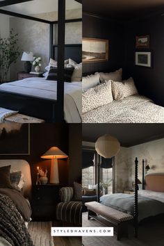 four different views of a bedroom with black walls and white bedding, including a canopy bed