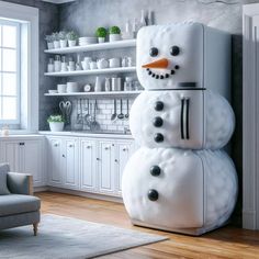 a snowman made out of foam sitting in the middle of a kitchen next to a refrigerator