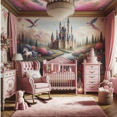 a baby's room decorated in pink and white with princess castle mural on the wall