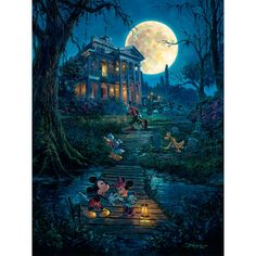 mickey and minnie mouses picnic in front of a house at night