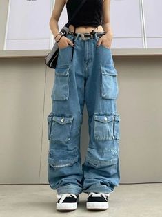 Vintage Jeans Style, Celana Kargo, Festival Mode, Style Overalls, Denim Decor, Baggy Cargo Pants, Middle Age Fashion, High Street Fashion, Casual Wide Leg Pants