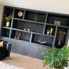 a living room filled with lots of furniture and plants on top of bookshelves