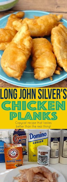 there are chicken pieces on the plate with other ingredients in the background and an advertisement for john silver's chicken planks