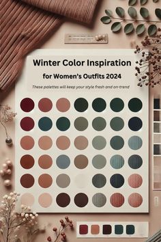 the winter color inspiration for women's outfits is displayed on top of a table