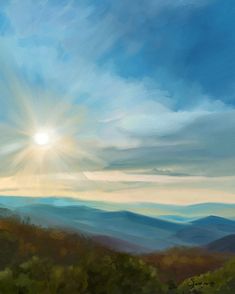 an oil painting of the sun setting over mountains