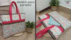 two pictures show the inside of a bag with pink straps and flowers on it, next to a potted plant