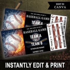 two baseball ticket cards with the words team a, team b and team b printed on them