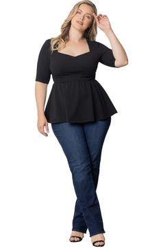 This versatile top is framed by elbow-length sleeves and features a flouncy peplum that moves when you walk. 27 1/2" (size 1X) Sweetheart neck Elbow-length sleeves 95% polyester, 5% spandex Machine wash, dry flat Made in the USA of imported fabric Peplum Top Plus Size Outfits, Blusas Peplum, Peplum Top Outfits, Summer Hacks, Black Peplum Top, Size 16 Women, Outfits Petite, Fashion Over 50, Sweetheart Neck