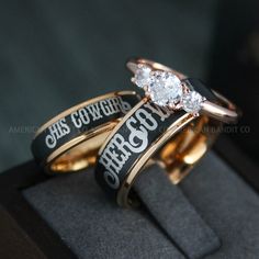 two wedding rings with the words, this cowgirl and other cowgirl written on them