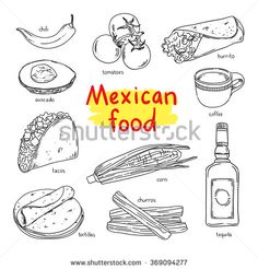 mexican food hand drawn on white background with the words and ingredients in red ink,