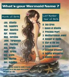 a mermaid sitting on top of a rock with the names of her name in it