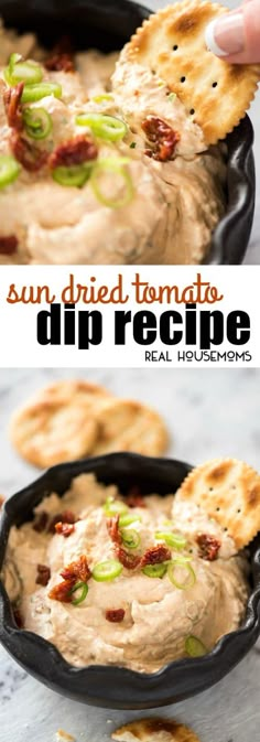 sun dried tortilla dip recipe in a cast iron skillet with crackers