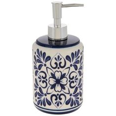 a blue and white soap dispenser on a white background with a silver faucet