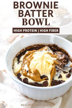 brownie batter bowl with ice cream and chocolate chips