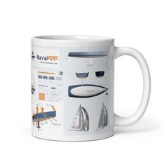 a coffee mug with an image of sailboats and other things on the inside of it