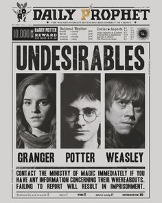 the poster for harry potter's upcoming film is shown in black and white, with three