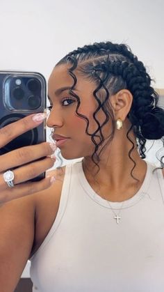 Dry Curls Hairstyles For Black Women, Two Braids Bun Hairstyle, Four Braids With Curls, Goddess Cornrows Buns, Braid Bun For Black Women, Two Boho Feed In Braids, Butterfly Cornrows, Butterfly Feed In Braids, Boho Cornrows Black Women