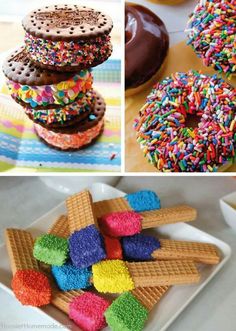 there are different types of donuts and ice creams on the table, including one with sprinkles