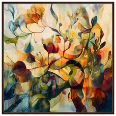 an abstract painting with flowers and leaves