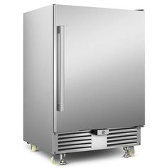 a stainless steel freezer sitting on wheels